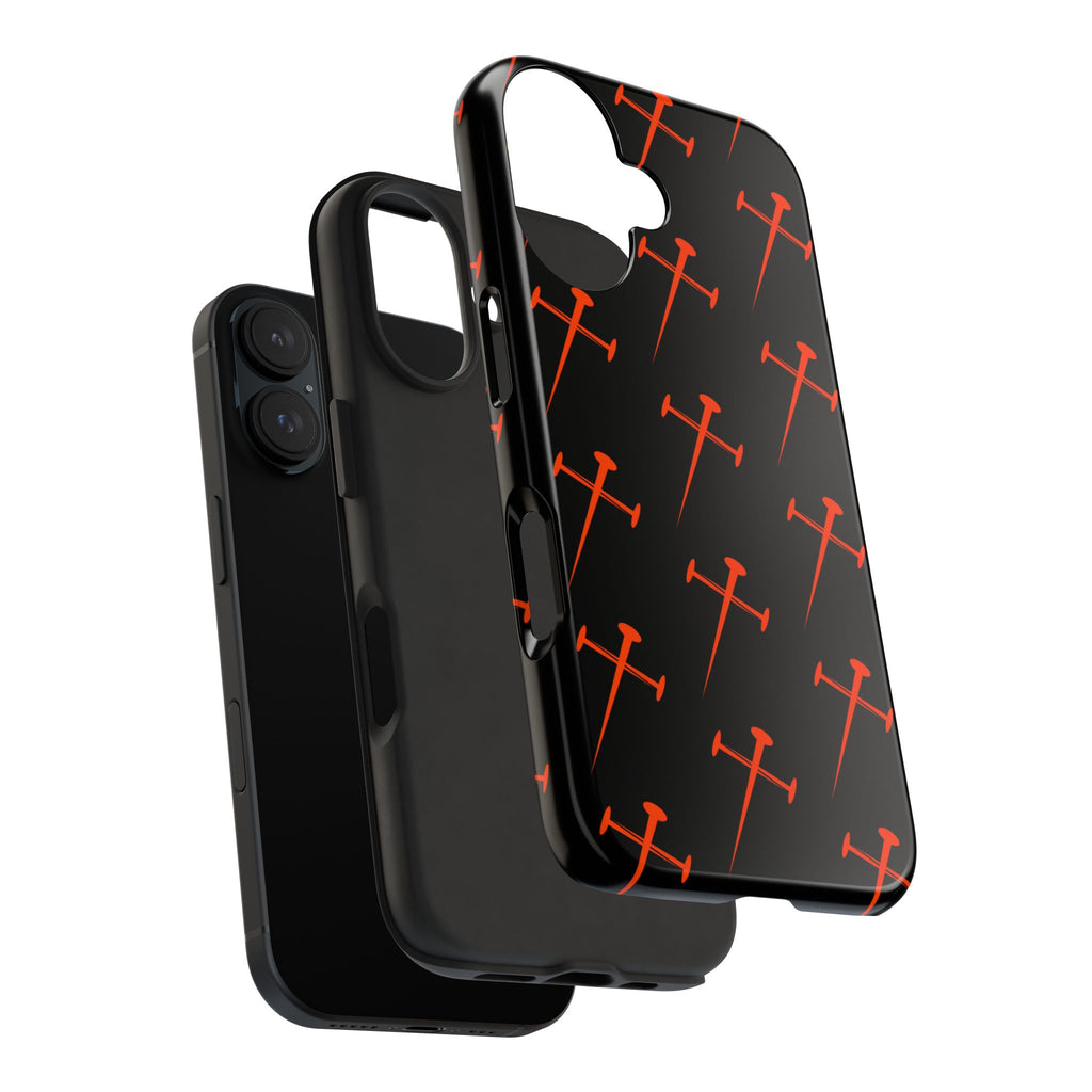 Black Tough Phone Case with Orange Nail Cross Pattern
