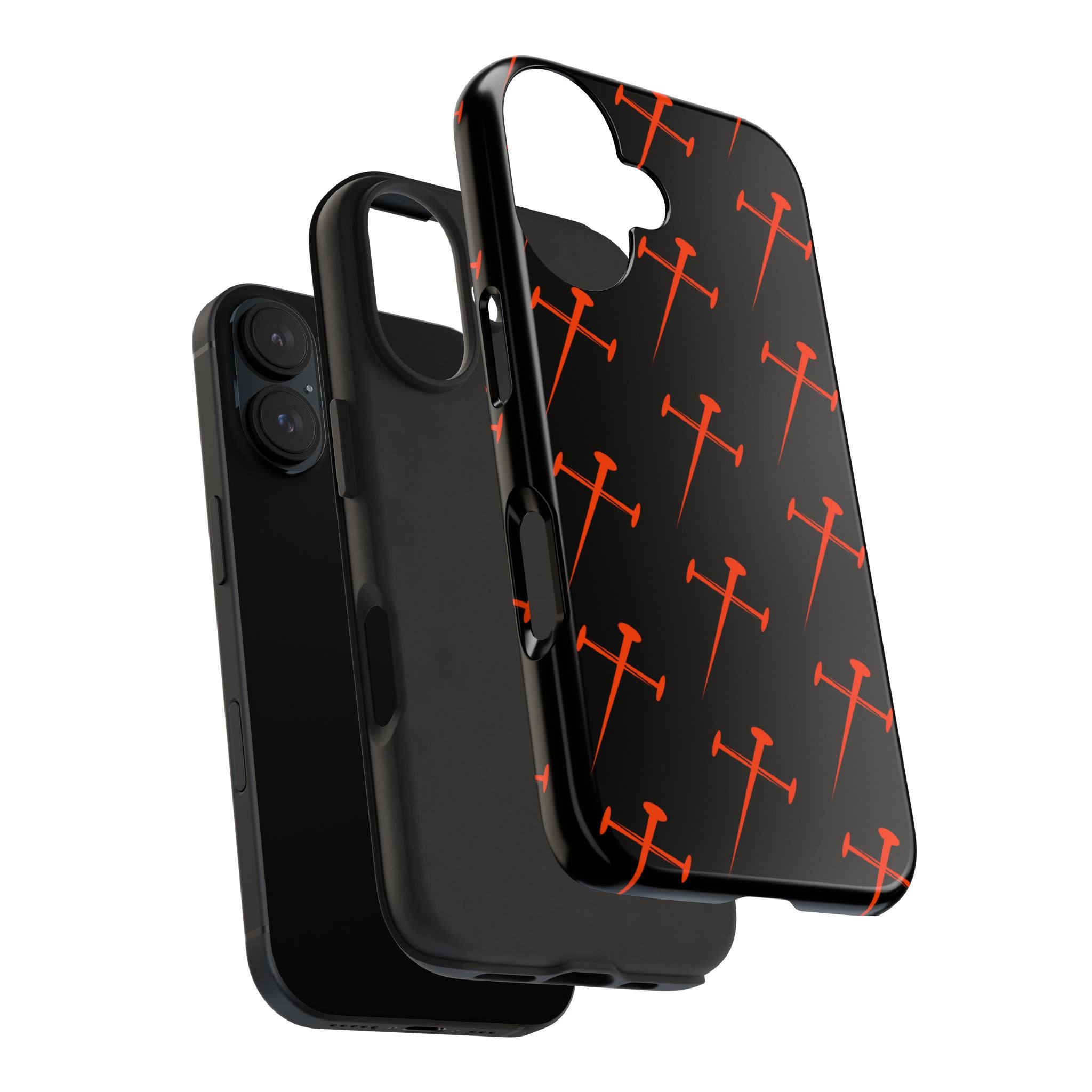 Black Tough Phone Case with Orange Nail Cross Pattern
