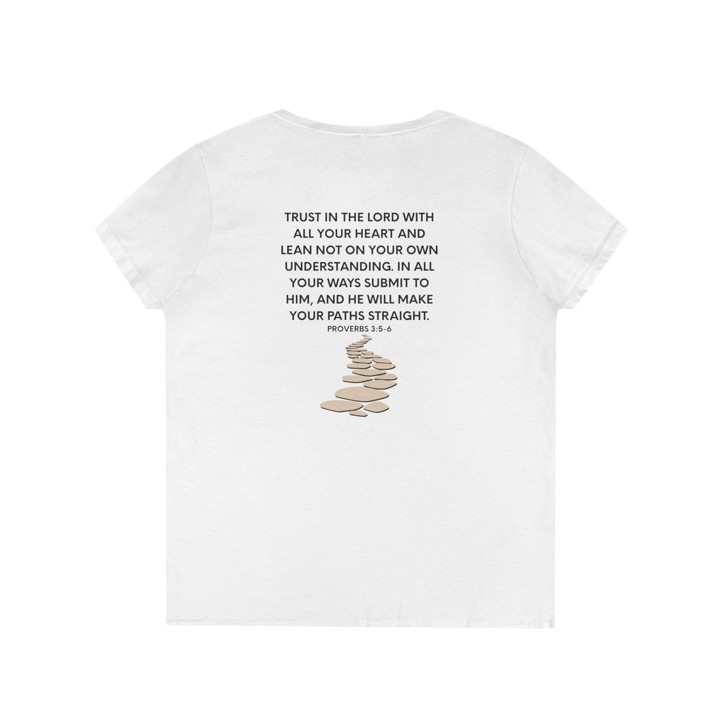 Ladies' V-Neck T-Shirt — Heart "TRUST" Faith Tee with Proverbs 3:5 Back Design