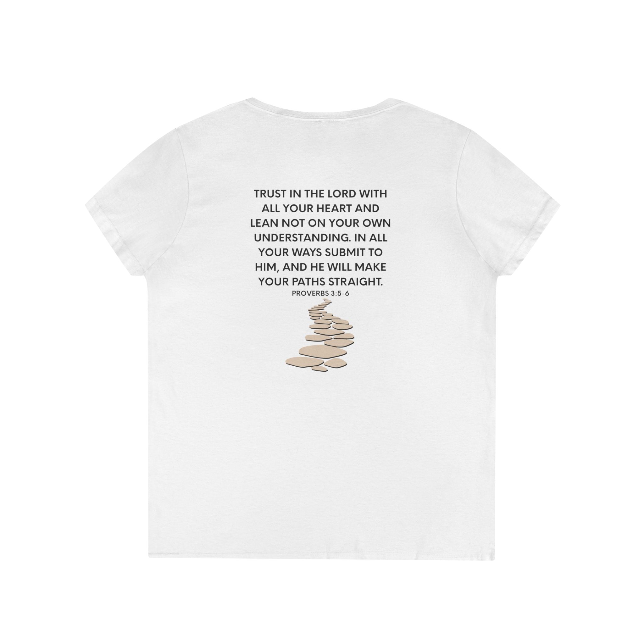 Ladies' V-Neck T-Shirt — Heart "TRUST" Faith Tee with Proverbs 3:5 Back Design