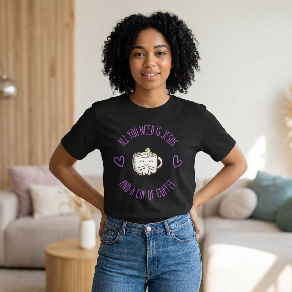 Christian Coffee T-Shirt — “All You Need Is Jesus and a Cup of Coffee” Cute Mug Graphic