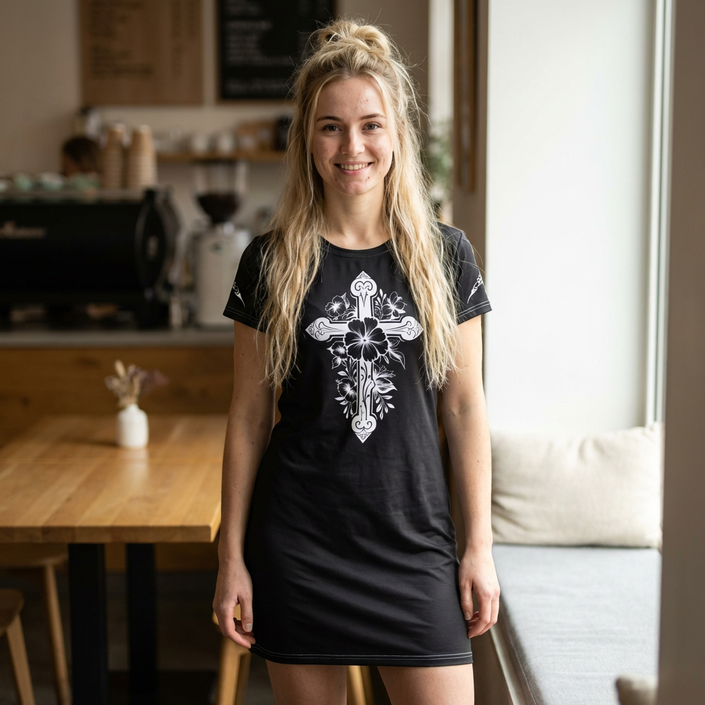 Floral Cross T‑Shirt Dress — Black and White