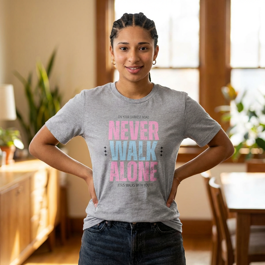 Never Walk Alone Jesus Walks With You T-Shirt — Pastel Pink & Blue Inspirational Tee