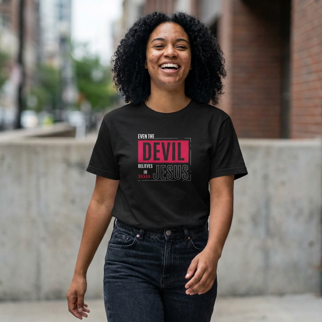Devil Believes in Jesus Graphic Tee — "Trips You Up" Christian Faith Shirt