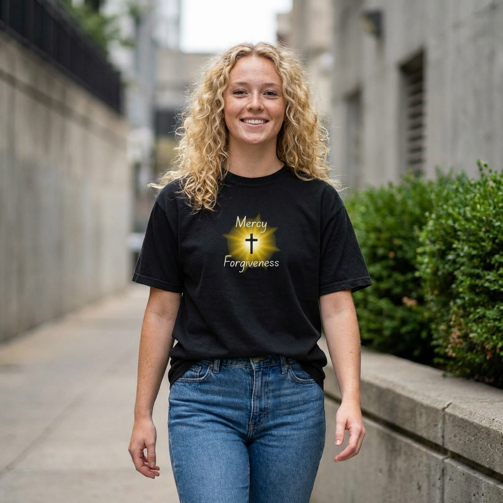 Christian Mercy & Forgiveness T-Shirt — Scripture Cross Back Design