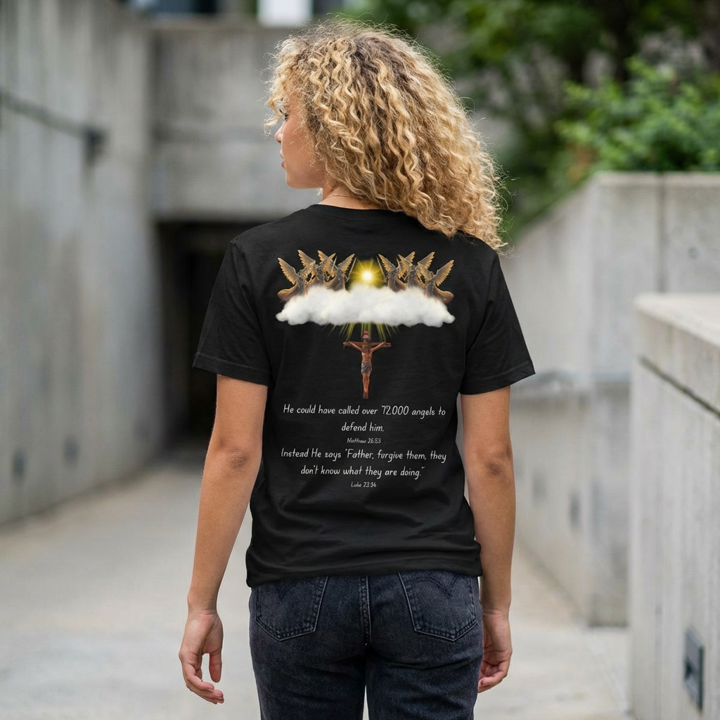 Christian Mercy & Forgiveness T-Shirt — Scripture Cross Back Design