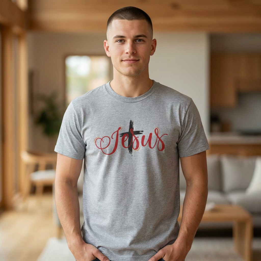 Jesus Cross T-Shirt — Red Brushstroke Faith Tee with Scripture Back (John 14:6)