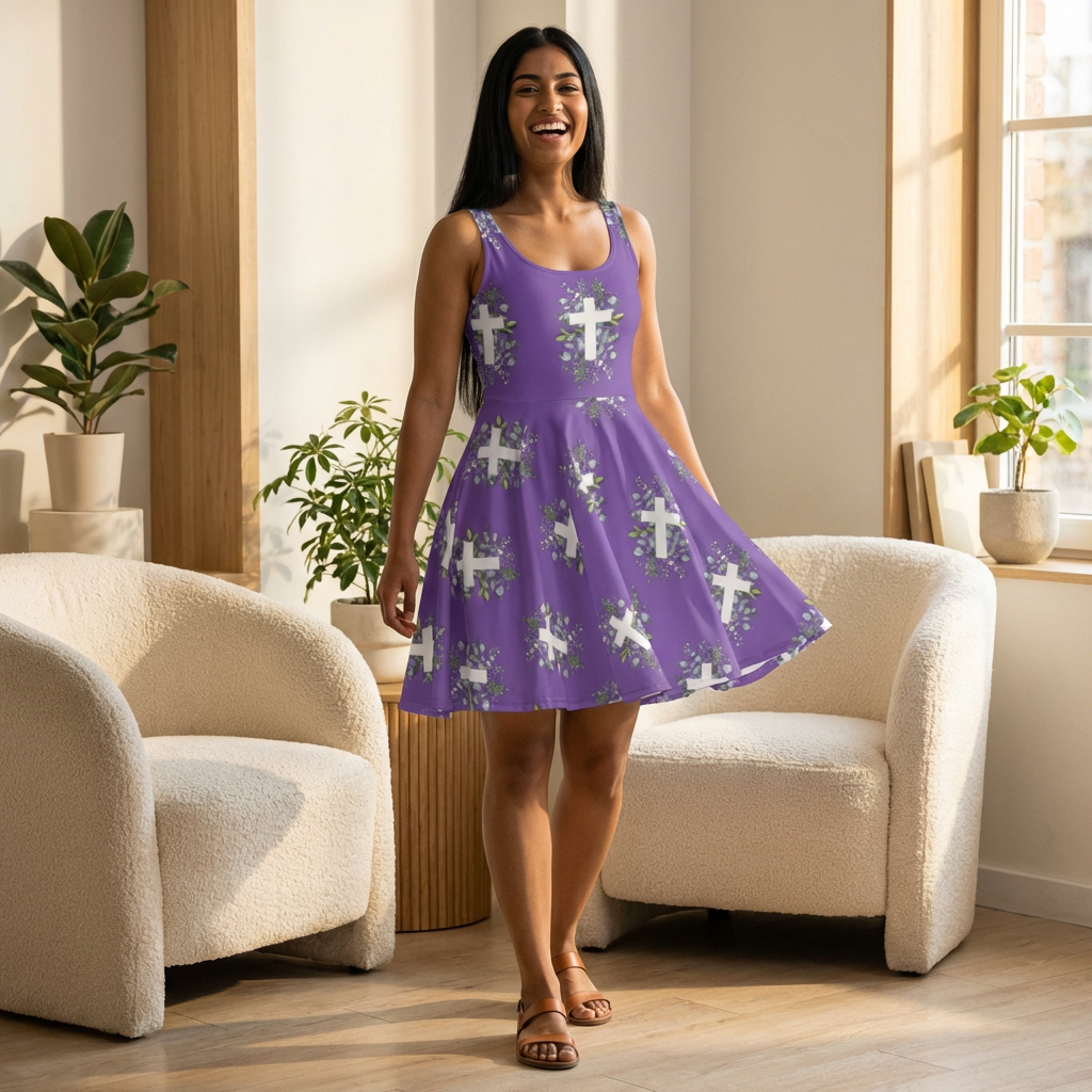 Purple Floral Cross Skater Dress — Christian Faith Patterned Dress