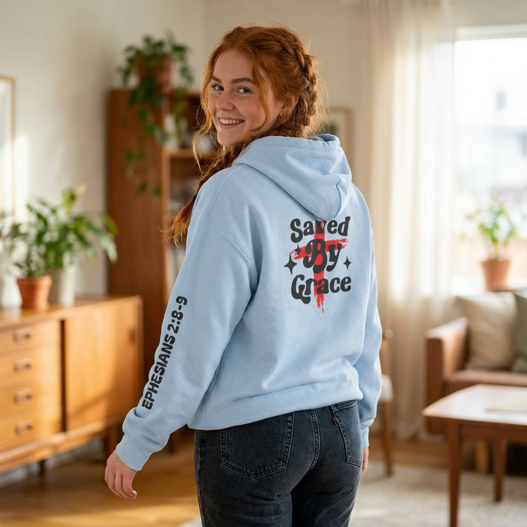 Saved By Grace Hoodie — Christian Cross Faith Pullover