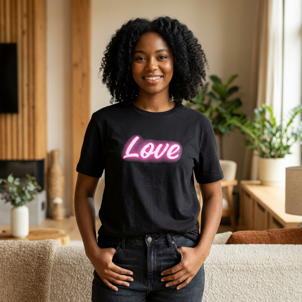 Love Script T-Shirt — Pink Neon "Love" Graphic with Scripture Back