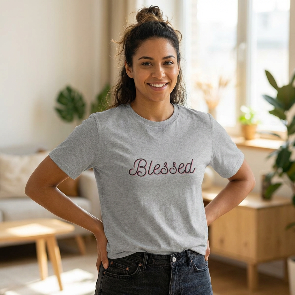 Blessed Script T‑Shirt — Inspirational "Blessed" Tee with Back Verse (Don't Worry)
