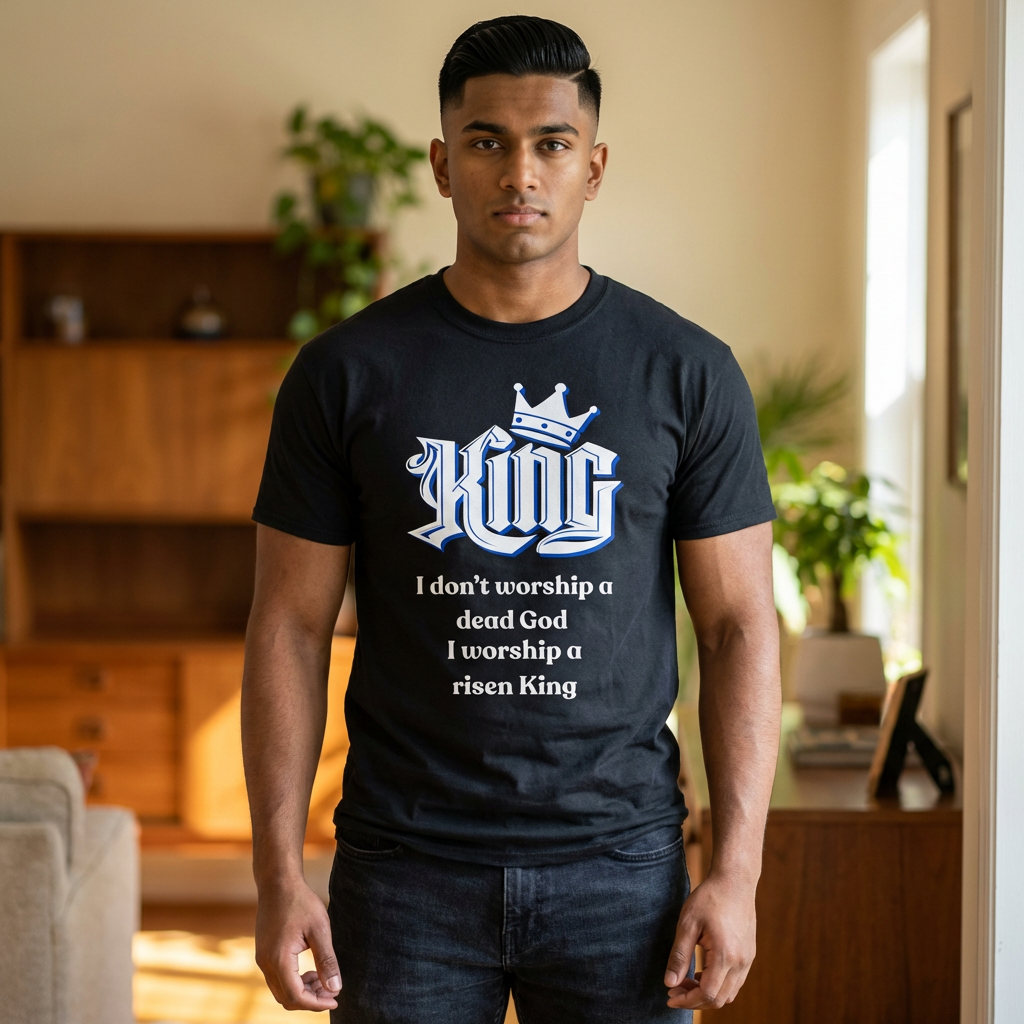 King Graphic Tee — "I don’t worship a dead God I worship a risen King" Christian Faith T‑Shirt