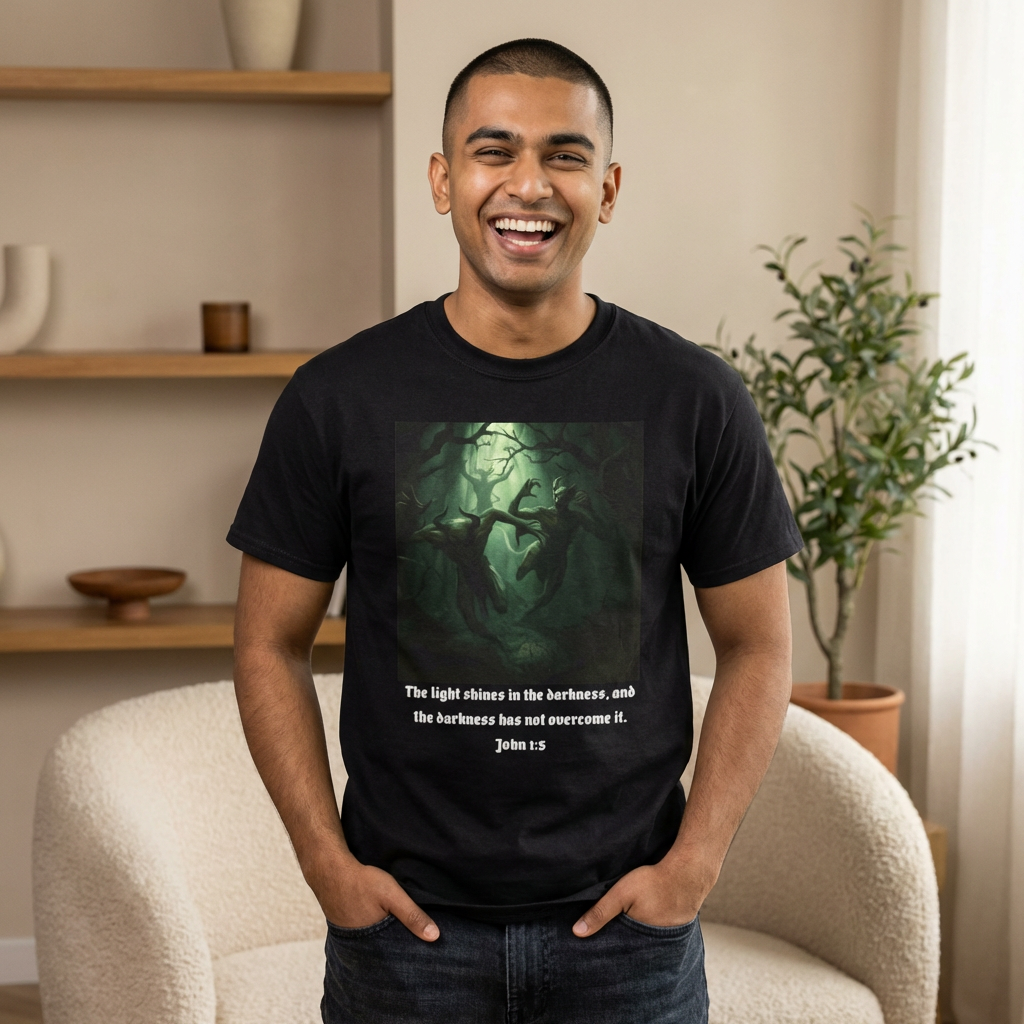 Christian Forest Art T-Shirt — "The light shines in the darkness" (John 1:5)