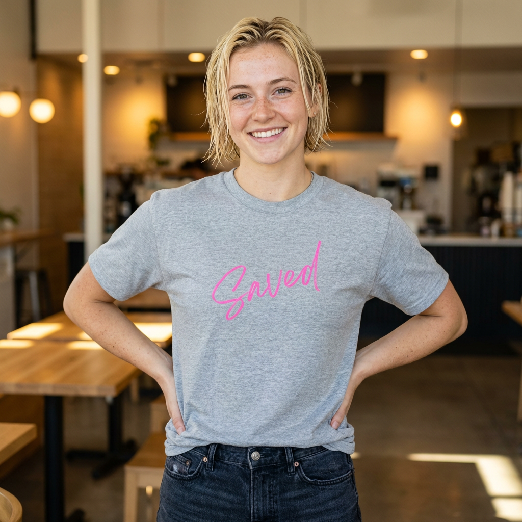 Saved T‑Shirt — Pink Script Faith Tee with Inspiring Back Verse