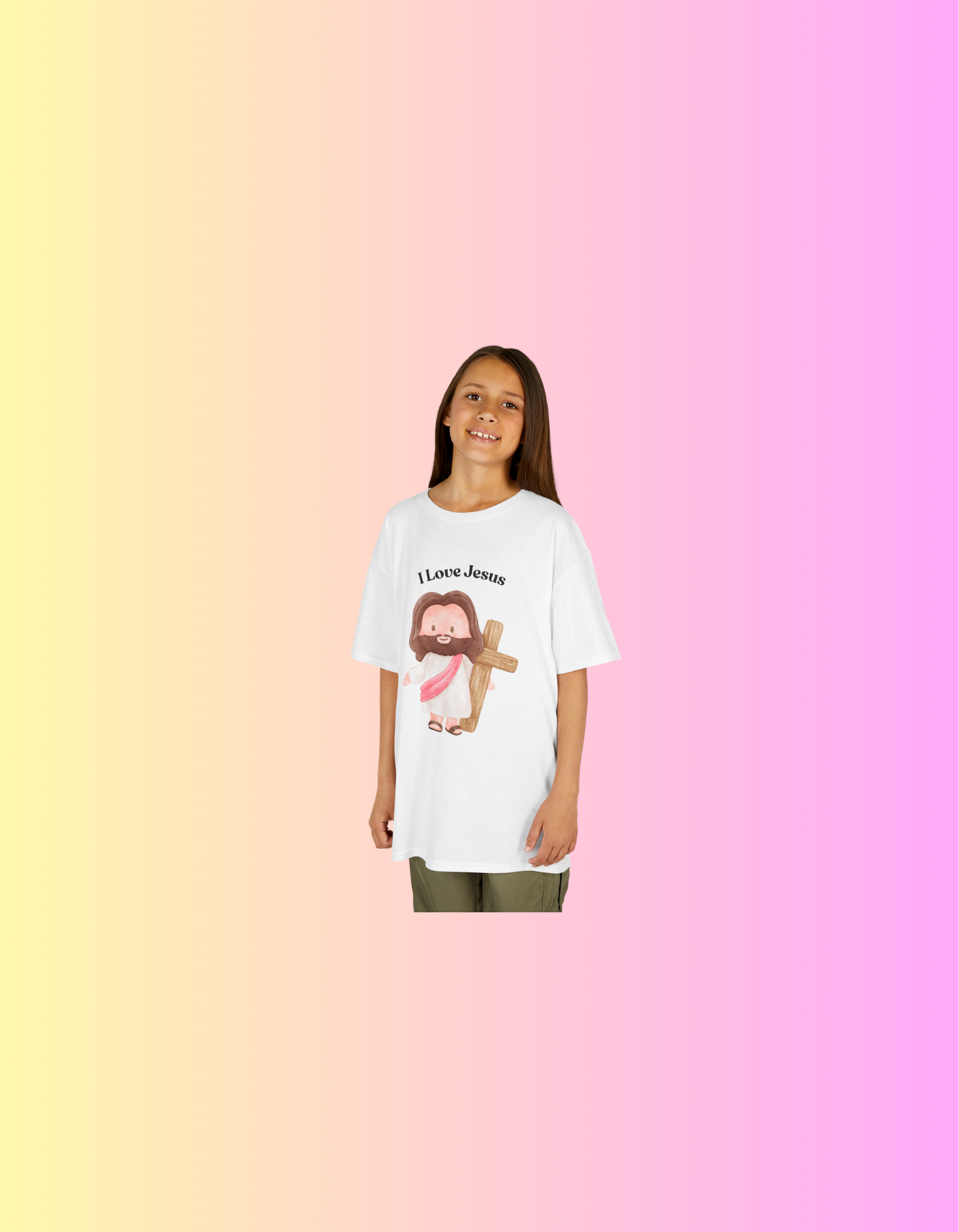 Kids T-Shirt — Cute "I Love Jesus" Cartoon Jesus Holding Cross — Christian Easter Gift for Children