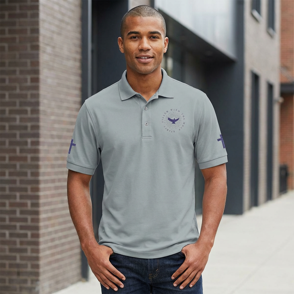 Embroidered Dove Polo Shirt – Classic Polo Reads "Filled with the Holy Spirit" with cross on sleeves