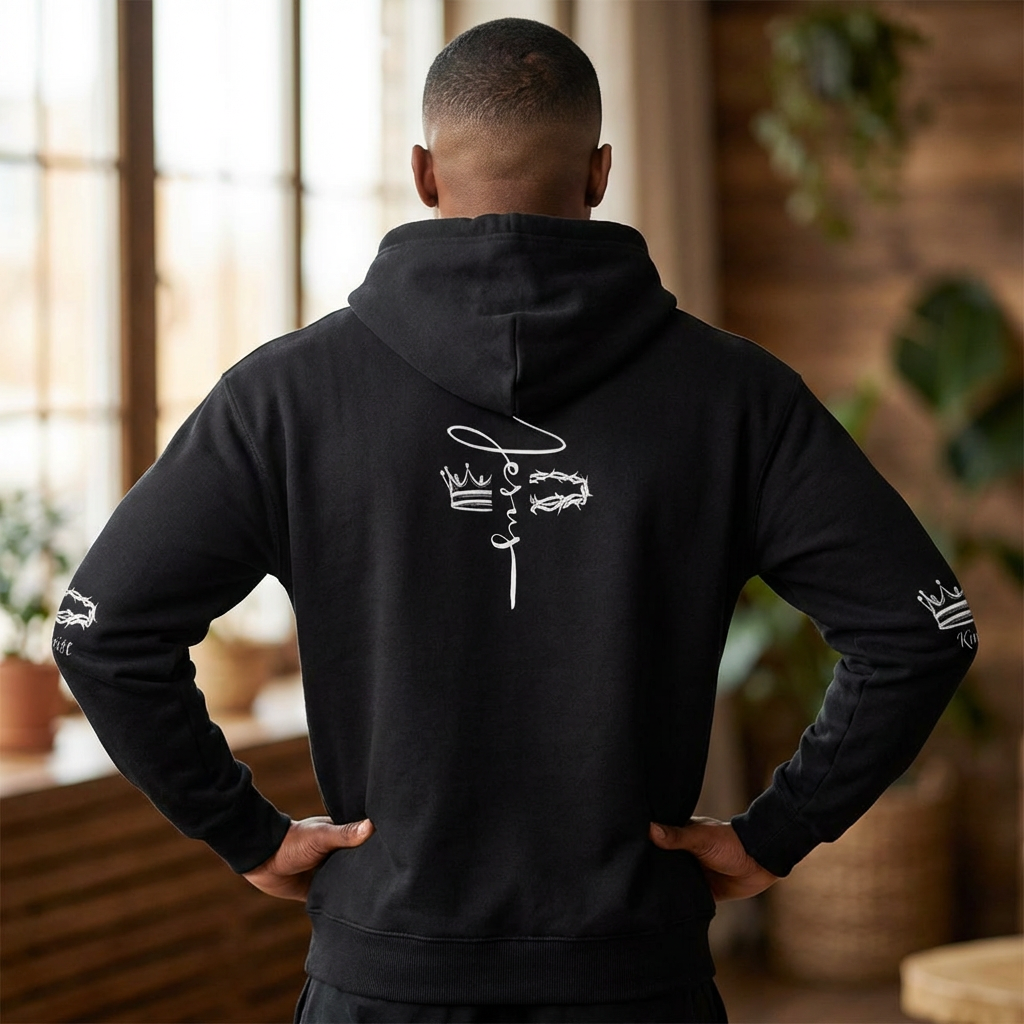 Jesus Script Hoodie — Faith Cross Design with Crown & Crown of Thorns