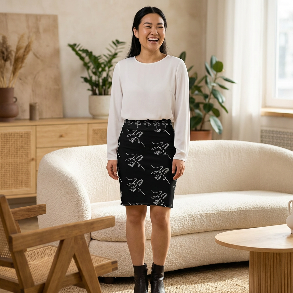 Signature Script Pencil Skirt — Black All-Over Print