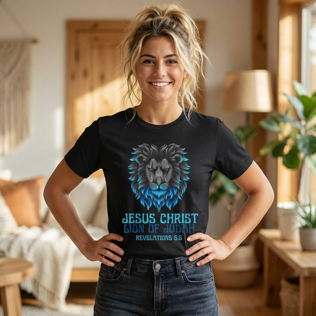 Jesus Christ Lion of Judah T-Shirt — Blue Lion Graphic & Revelation 5:5 Faith Tee