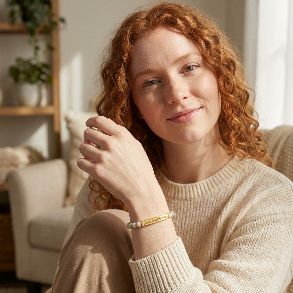 Engraved 'Jesus Is With You' Natural Stone Stretch Bracelet