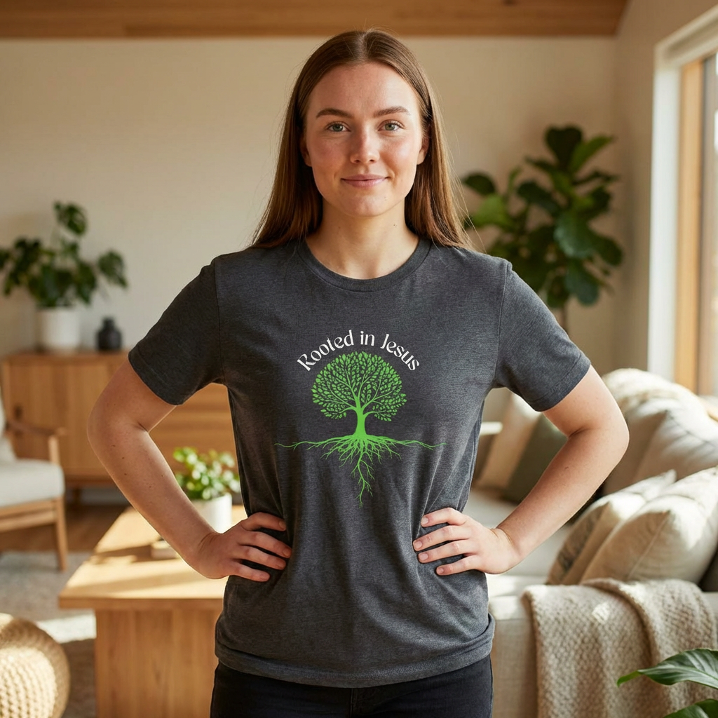 T-Shirt — "Rooted in Jesus" Tree Graphic Christian Faith Tee