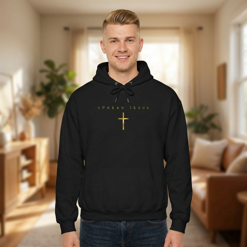 Christian Hoodie — "Spread Jesus" Gold Cross Pullover