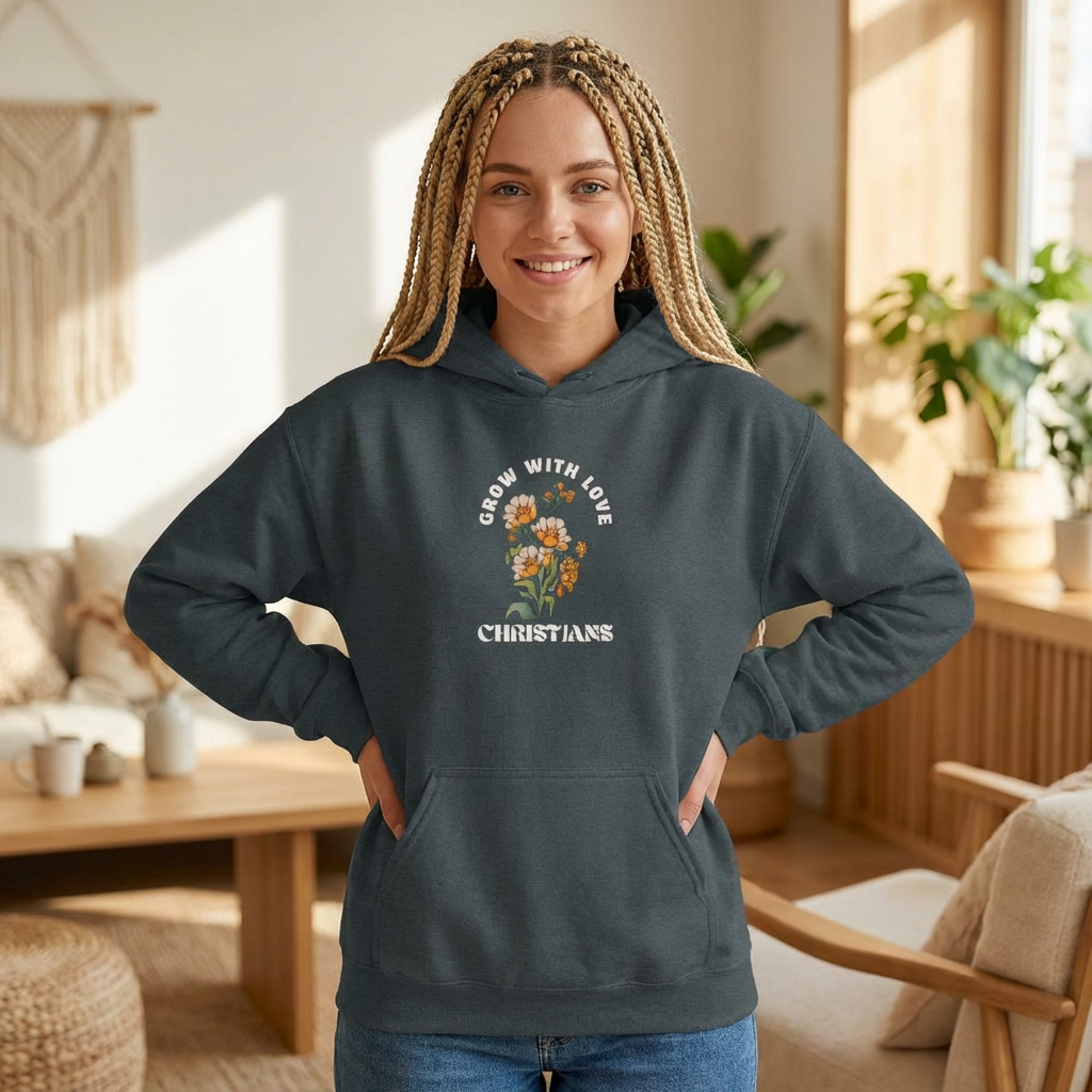 Christian Hoodie – "Grow in Love" Floral Cross with Ephesians 4:2 Verse Back