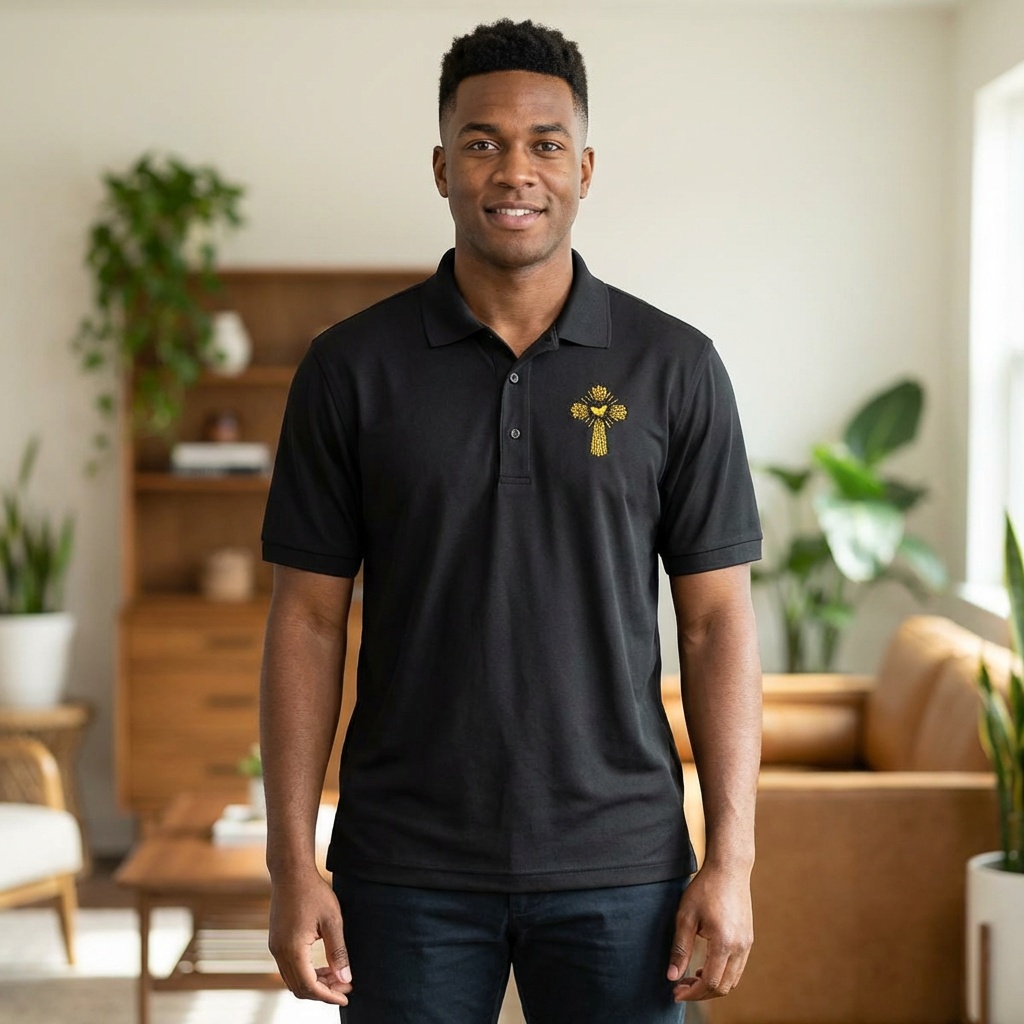 Embroidered Gold Floral Cross Polo