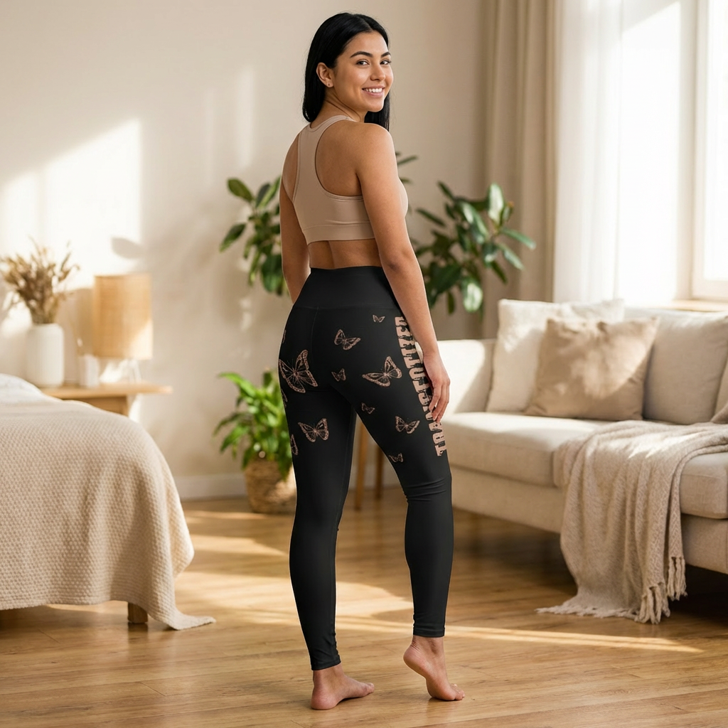 Butterfly Print High-Waist Leggings — Black Rose Gold Accent