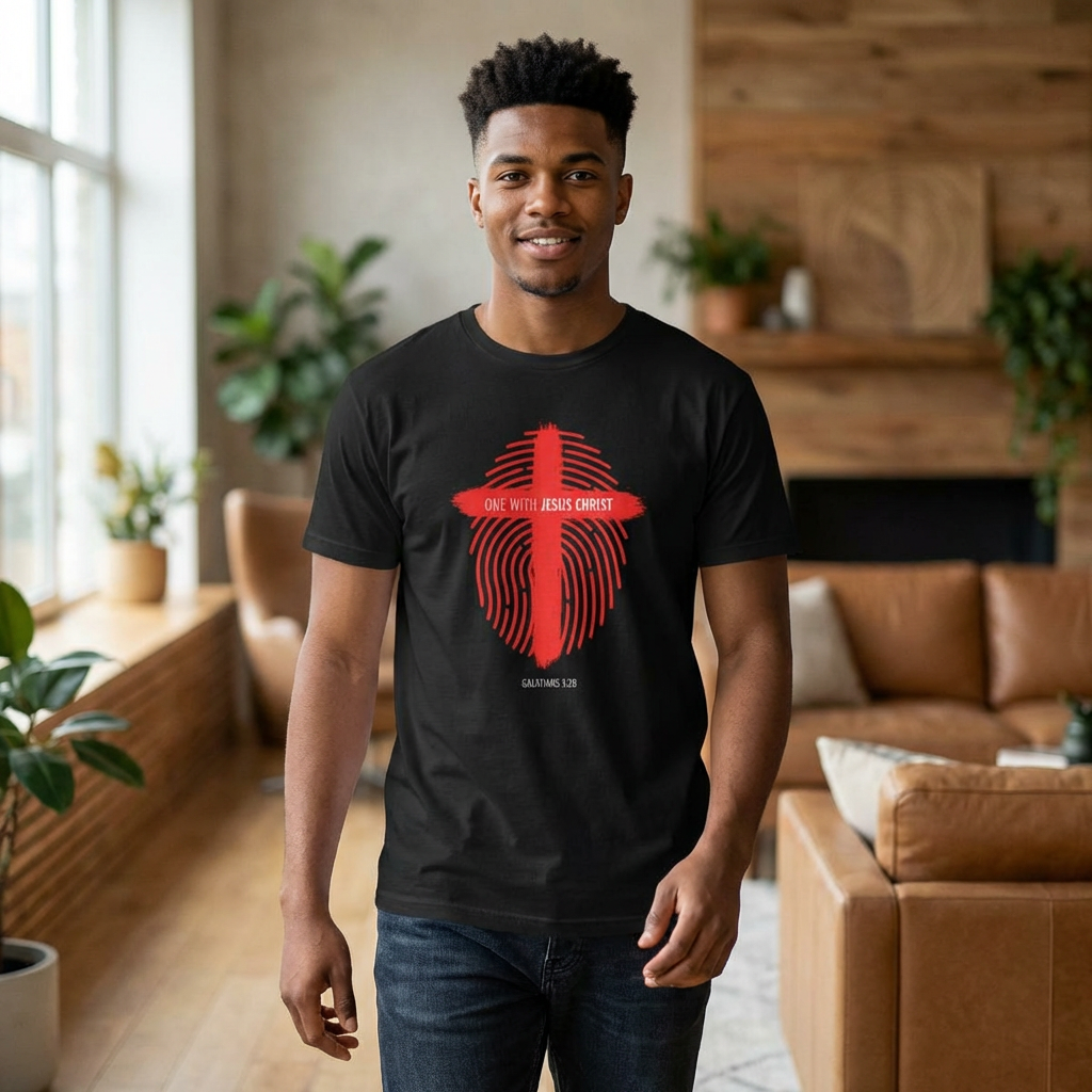 Christian T‑Shirt — "One with Jesus Christ" Red Cross Fingerprint Design