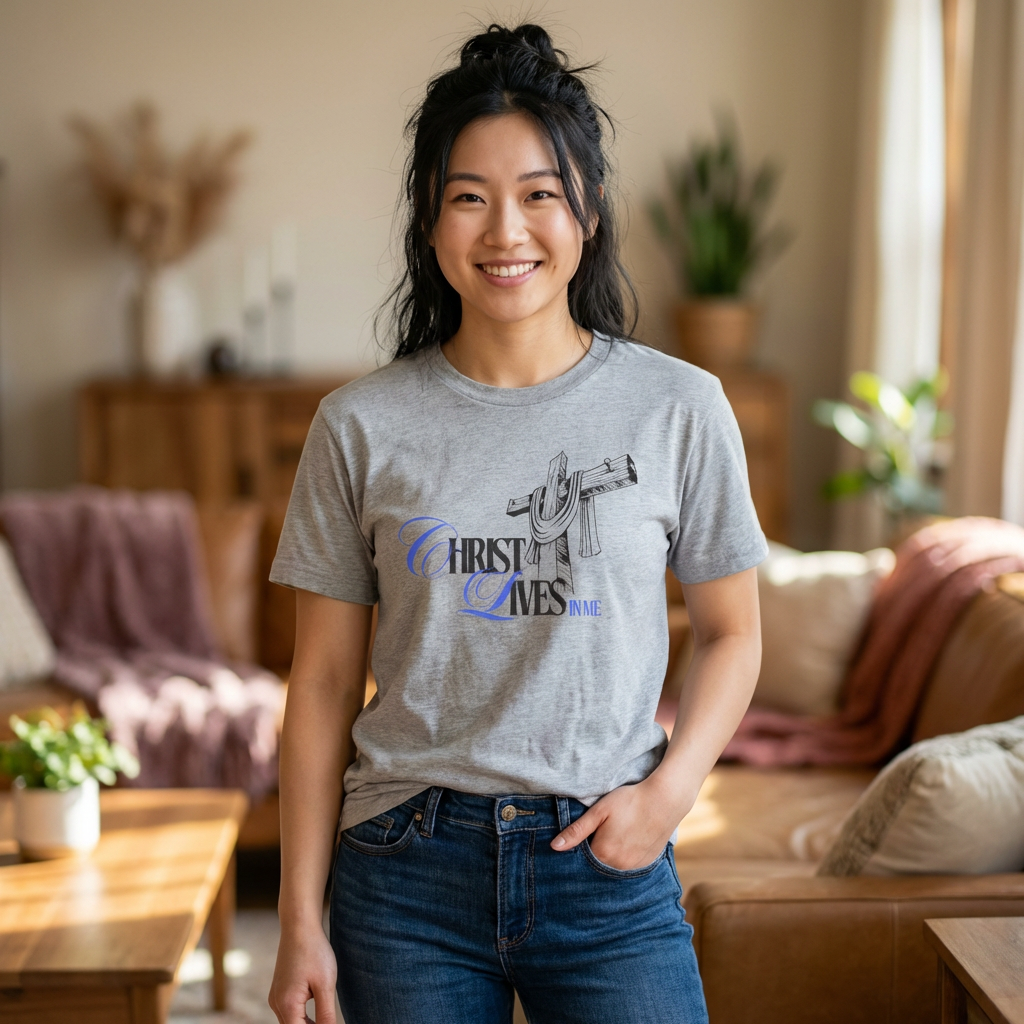 Christian Cross Tee — “Christ Lives in Me” Scripture Shirt (Galatians 2:20)