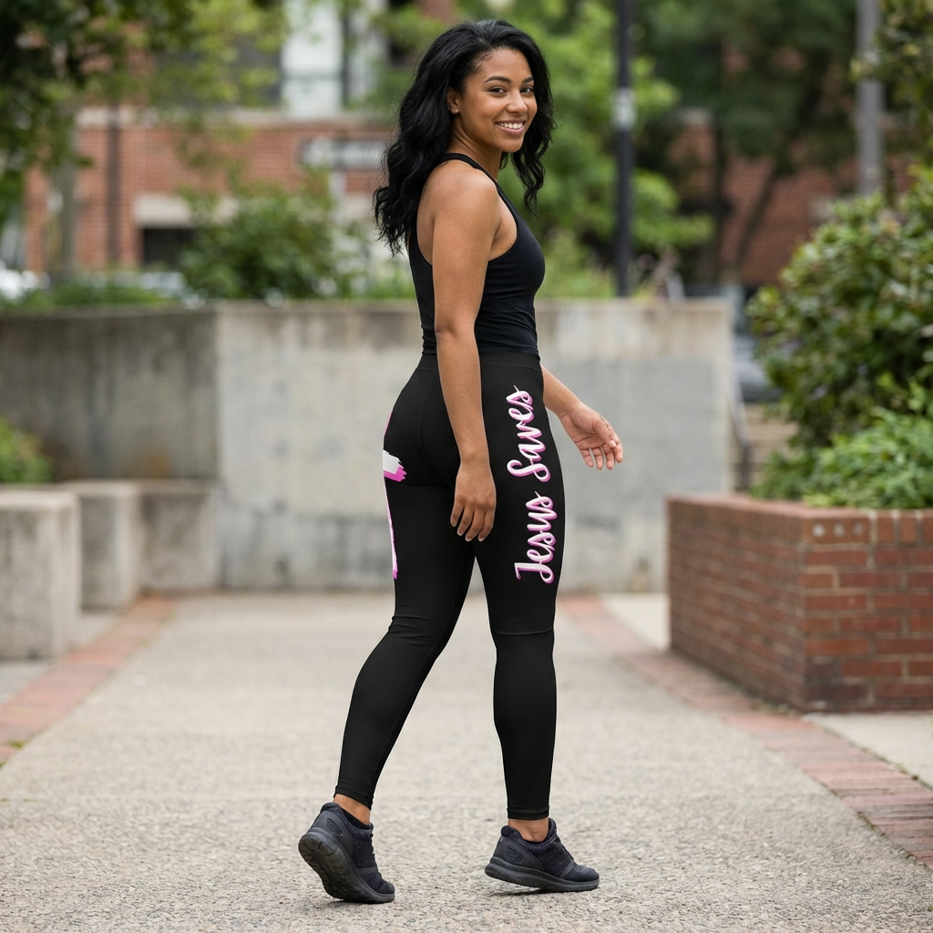 Black Jesus Saves Pink and White Women’s Leggings — Pink Brushstroke