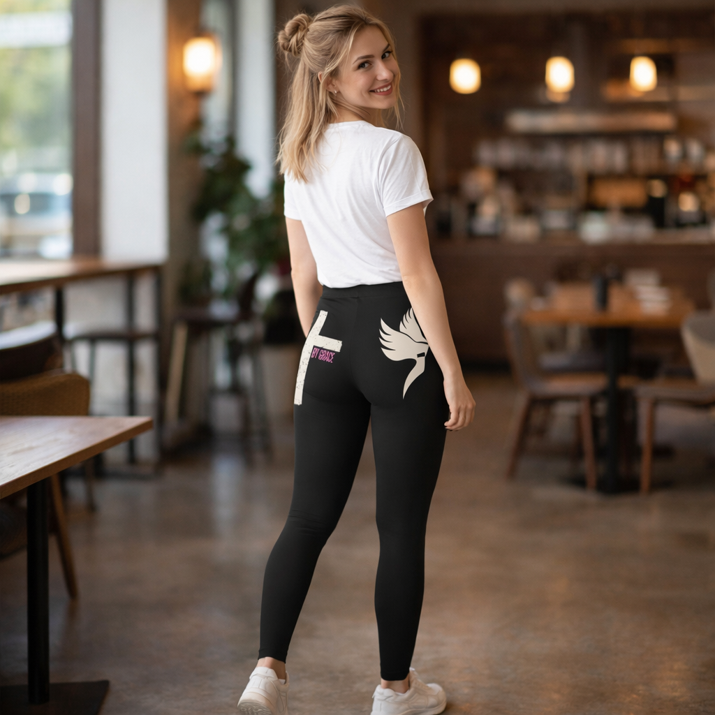 Faith Cross Dove Leggings — "Saved by Grace" Dove Women's Black Spiritual Activewear