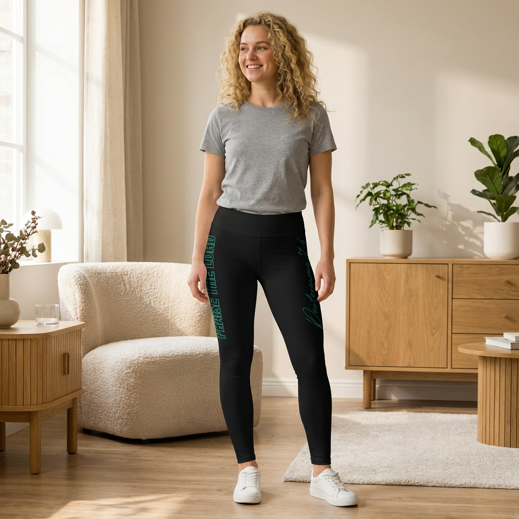 Women's Black Praise The Lord Graphic Leggings — Teal Script 'Praise The Lord' 'Deauteronomy 31:6' Side Print