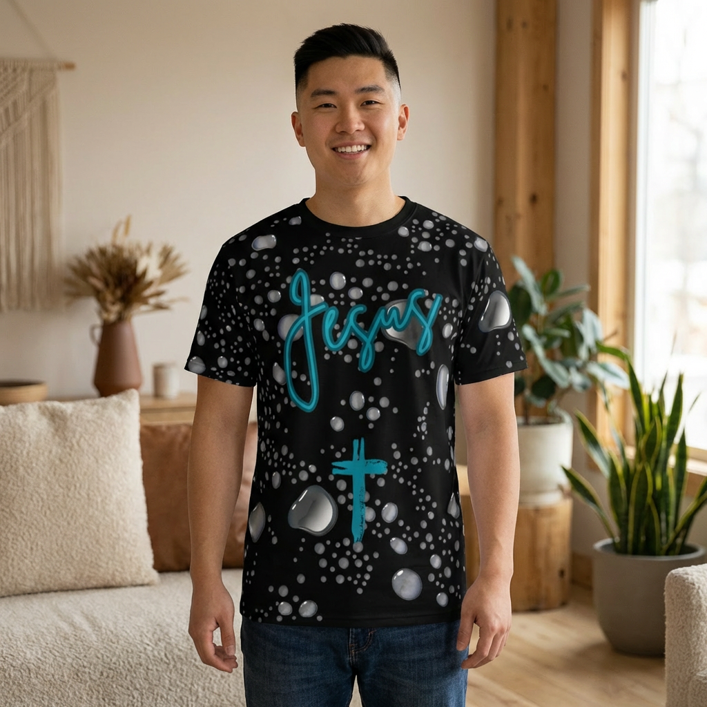 Jesus Script Cross Tee — Black Water Pattern Christian T-Shirt