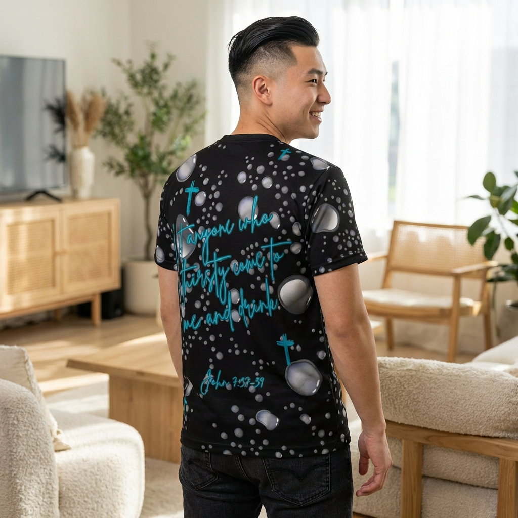 Jesus Script Cross Tee — Black Water Pattern Christian T-Shirt