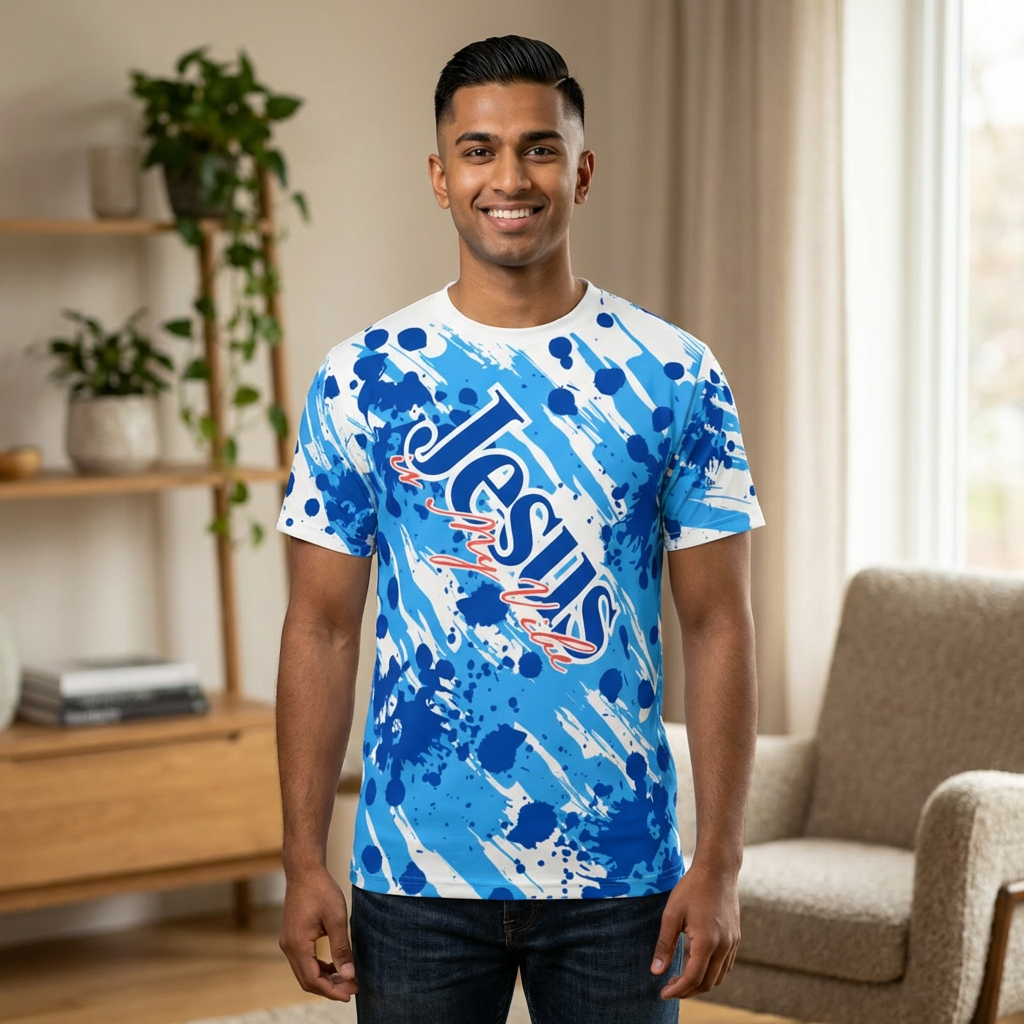 Jesus is My Vibe Splash Graphic Tee — Blue All-Over Print Christian Shirt