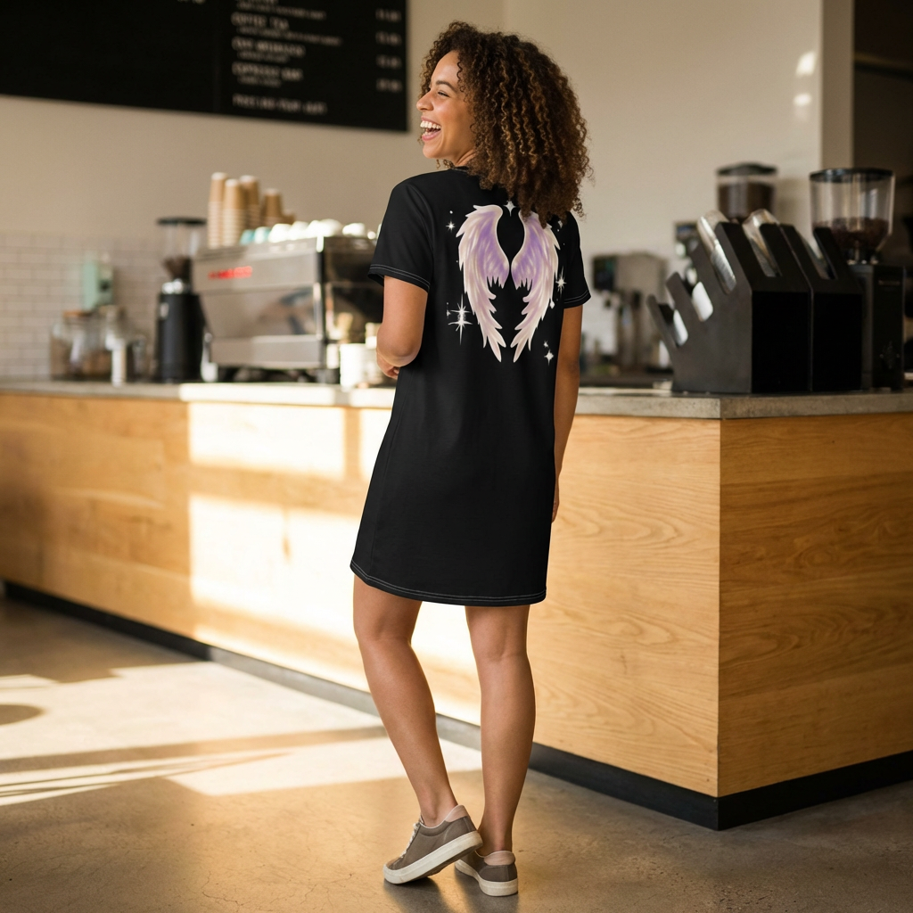 Floral Cross and Angel Wings T-Shirt Dress