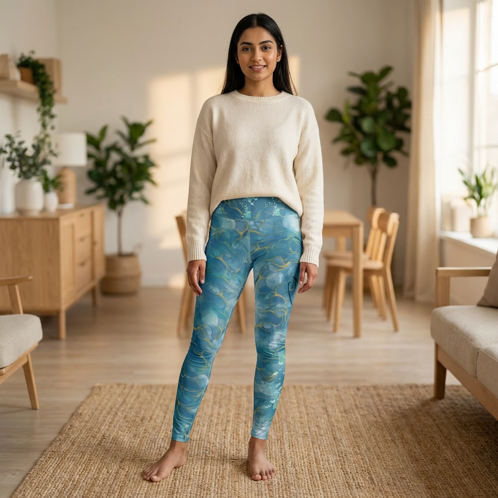 High-Waisted Christian Leggings — Blue Marble Butterfly & Cross, "Strength and Dignity" (Proverbs 31:25)