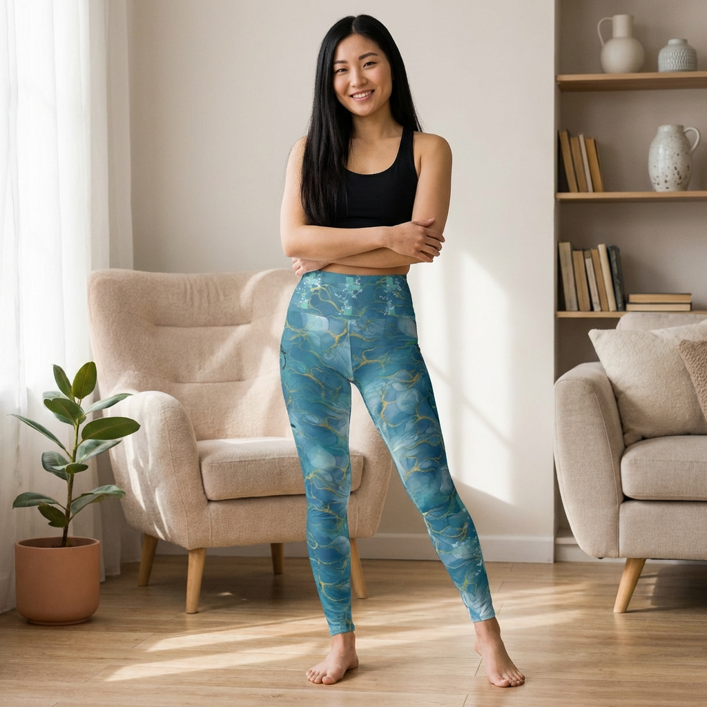 High-Waisted Christian Leggings — Blue Marble Butterfly & Cross, "Strength and Dignity" (Proverbs 31:25)