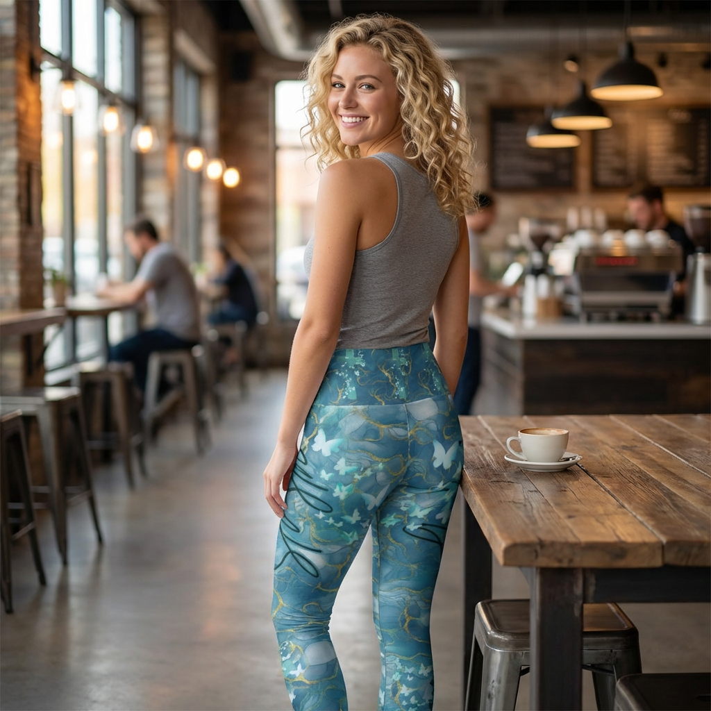 High-Waisted Christian Leggings — Blue Marble Butterfly & Cross, "Strength and Dignity" (Proverbs 31:25)