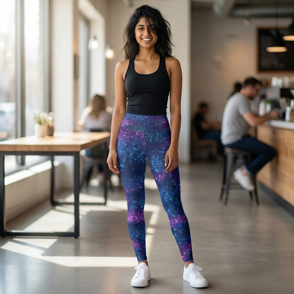 Galaxy High-Waist Christian Leggings — Purple Blue Starry Print Fearfully Wonderfully Made (Psalms 139:14)