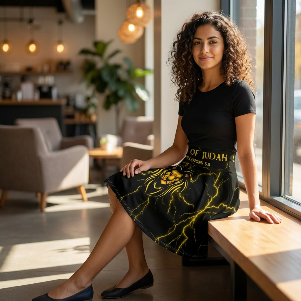 Lion of Judah Skater Skirt — Black & Gold Lightning Cross (Revelations 5:5)