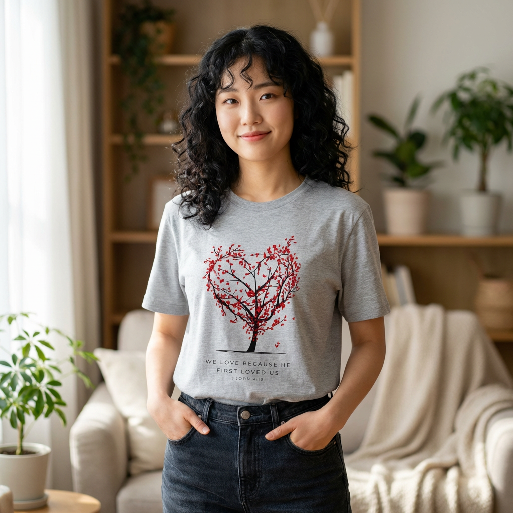 Heart Blossom Tree T‑Shirt — "We Love Because He First Loved Us" Christian Tee