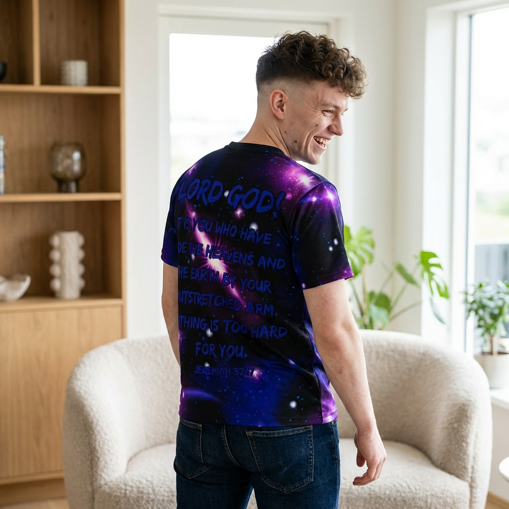 Galaxy Christian Tee — Cosmic Nebula All-Over Print Shirt "Lord God" "It Is You Who Have Created The Heavens and Earth..."