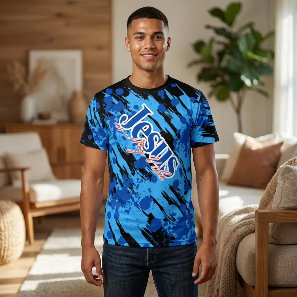 Jesus is My Vibe Splash Graphic Tee — Blue All-Over Print Christian Shirt