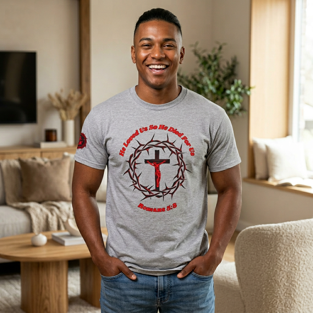 He Loved Us So He Died For Us Tee — Christian Faith T-Shirt with Crown of Thorns Cross Design Romans 5:8