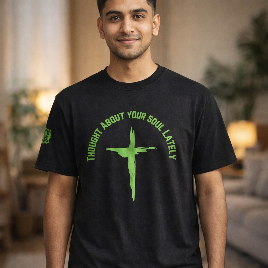 “Thought About Your Soul Lately” Cross Tee — Neon Green Spiritual Graphic T-Shirt