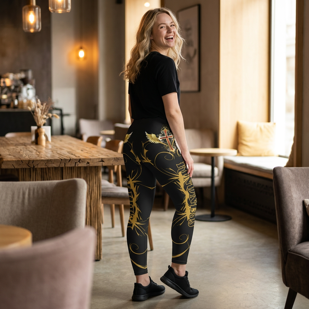 Women’s Winged Cross Leggings — Black & Gold Faith and Kindness Design