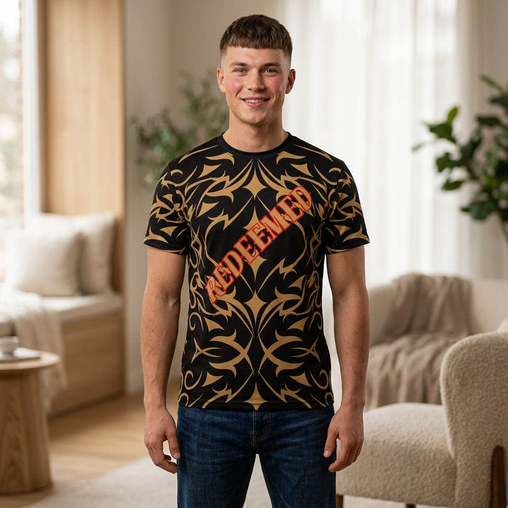 Redeemed Tribal Pattern Tee — All-Over-Print Graphic Shirt